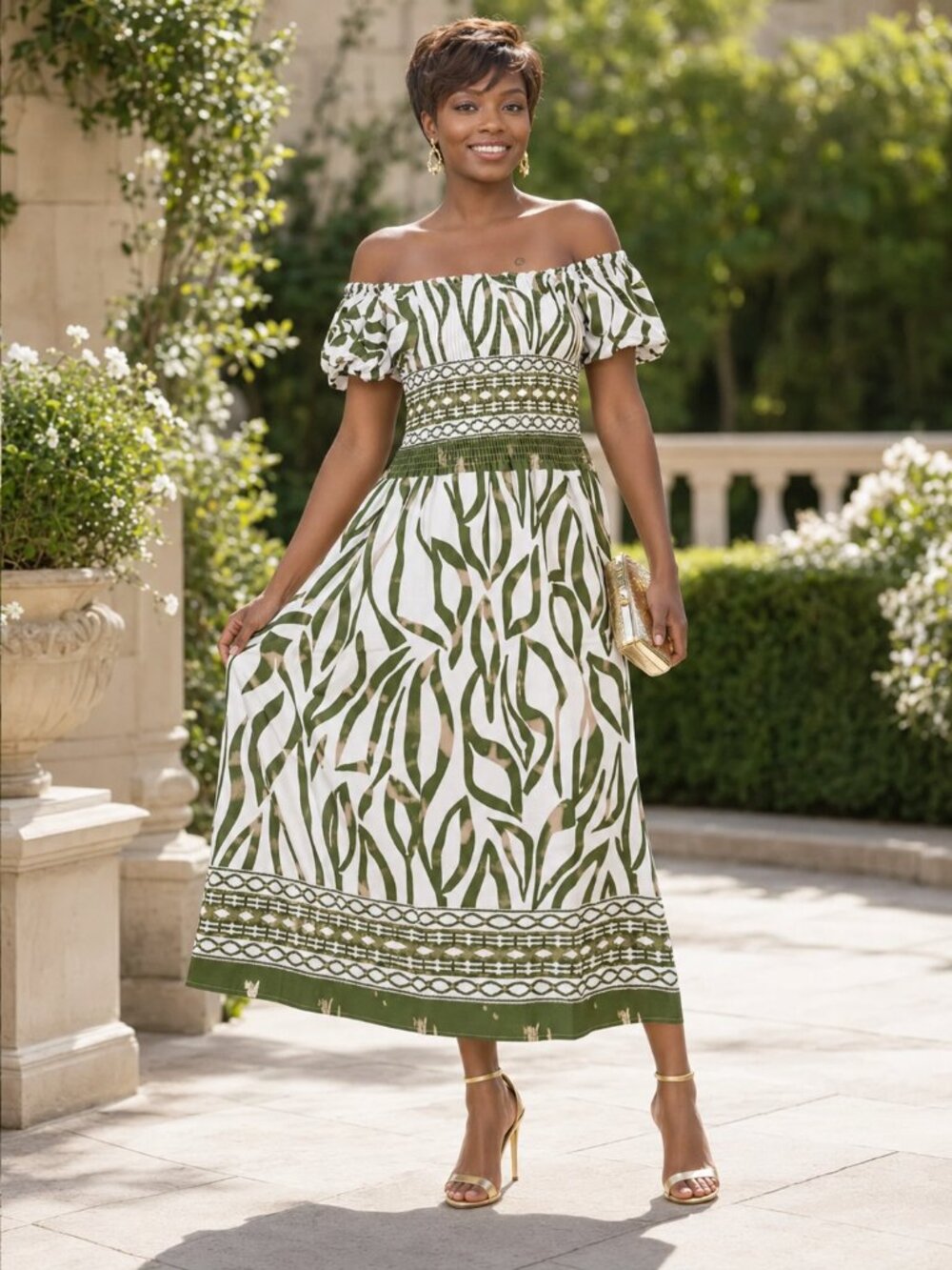 Olive Off White Leaf Print Off Shoulder Smocked Maxi Dress One Size